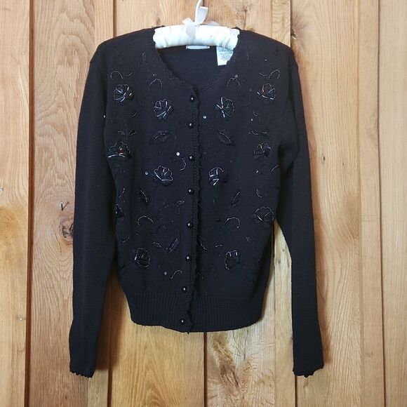 Kathie Lee Collection Vintage Beaded Floral Embellished Cardigan, Medium, Black - Picture 1 of 9